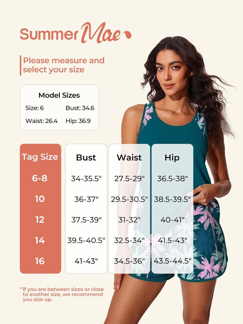 Summer Mae Modest Tankini Swimsuits for Women 2026 Textured Ribbed Bathing Suits Tummy Control Swim Shorts with Pockets Pink Blue Palms Size 10