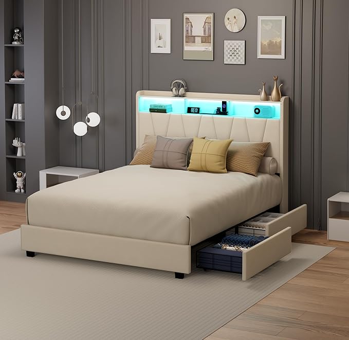 Full Size Bed Frame, Velvet Upholstered LED Platform Bed with Headboard Storage, Bed Frame Full Built-in Charging Station with 4 Drawers, Wood Slat Support, No Box Spring Needed, Beige
