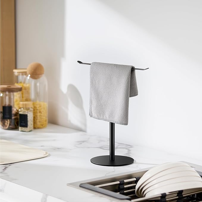 Black Hand Towel Holder Stand – Countertop T-Shaped Stainless Steel Towel Rack with Non-Slip Base for Vanity and Kitchen