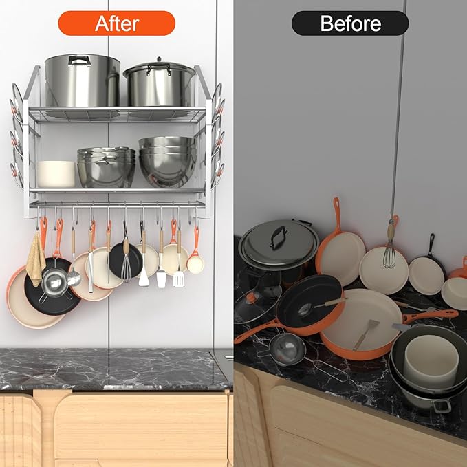 VyGrow 28 Inch Pot Rack Wall Mounted, 2 Tier Pots and Pans Organizer with 20 Hooks and 6 Pot Lid Holders, Heavy Duty Steel Pot and Pan Hanger for Kitchen Cookware Utensils Storage, Silver