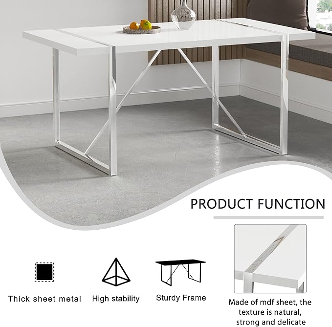 Dining Table Chairs Set for 4, Modern Rectangular Dining Room Table Set PU Leather Upholstered Dining Chairs 55" Dinner Table Set for Kitchen, Dining Room (Dining Table Set for 4, White)