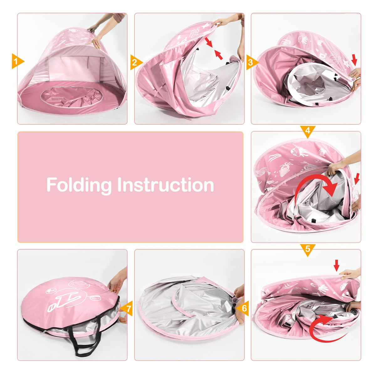Zooawa Baby Beach Tent, Pop Up Beach Tent Sun Shade, Portable Shade Pool UV Protection Sun Shelter for Infant with Sand Toys Set, Light Pink