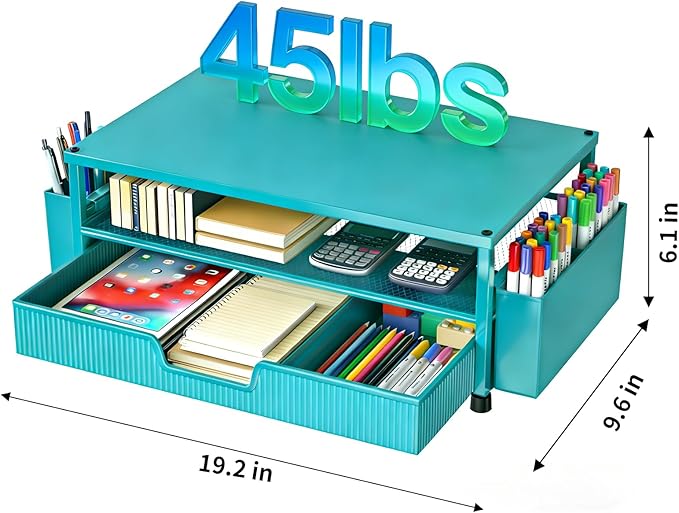 Desk Organizer and Accessories, 2-Tier Computer Monitor Stand Rise with Storage Drawer & 2 Pen Holders, Laptop & Printer Stand for Desktop, Workspace Organizers for Office Supplies (Blue)