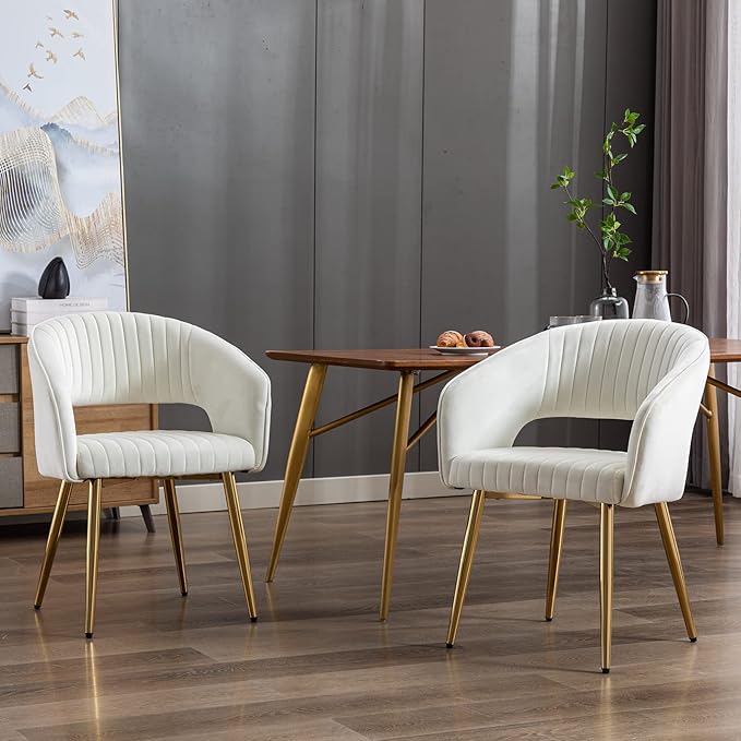 Modern Velvet Dining Chairs Set of 6, Upholstered Gold Dining Room Chairs with Hollow Back, Accent Armrest Kitchen Chairs with Gold Legs for Living Room Reception Beige