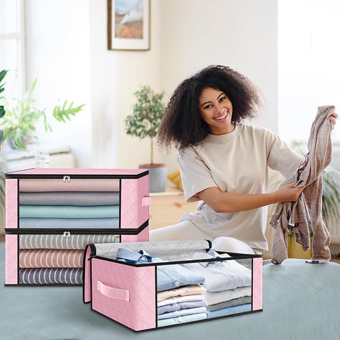 HomeHacks Storage 8-Pack Clothes Organizer Storage Bags Foldable Storage Box with Large Clear Window Sturdy Handles for Closet, Dorm, Pillows, Bedding, Clothes, Blankets, 35L, Pink