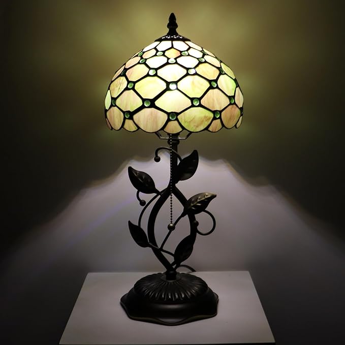 Small Tiffany Lamp Amber Green Pearl Style Stained Glass Table Lamps Desk Bedside Reading Light 8X8X18 Inches with Bronze Metal Leaf Resin Base