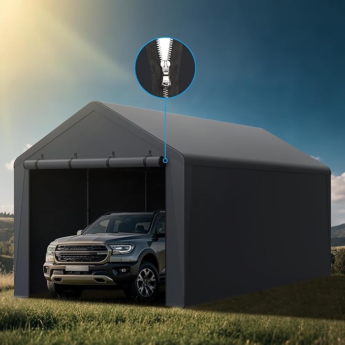 10x20FT Heavy Duty Portable Carport - All-Weather Enclosed Shelter for Cars, Trucks, SUVs & Boats, Waterproof & UV-Resistant Canopy with Removable Sidewalls, Doors, Ground Stakes (Gray)
