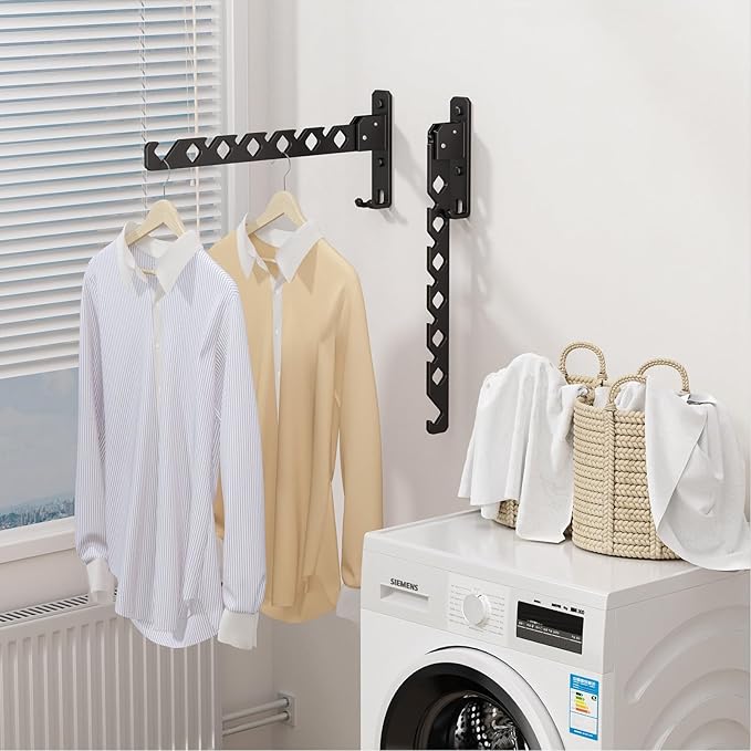 Wall Mounted Clothes Drying Rack, Wall Clothes Hanger Foldable, Laundry Hanger Hook for Bathroom, Wall Clothes Rack Indoor, Perfect for Small Spaces, Matte Black