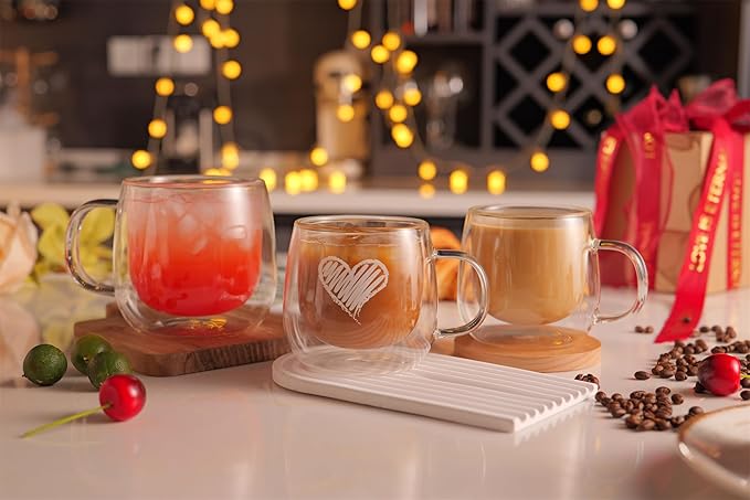 CNGLASS 16oz Double Walled Glass Coffee Mugs(2-pack),Large Clear Coffee Cups with Handle,Glass Espresso Mugs for Latte,Cappuccino,Tea