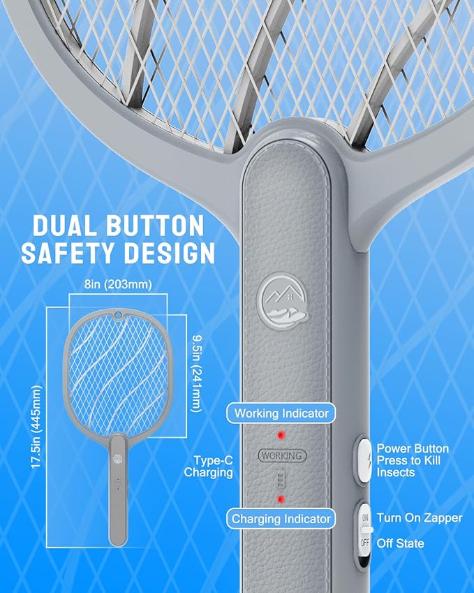 Electric Fly Swatter, 3800V Handheld Bug Zapper Racket, Type-C Rechargeable, Mosquito Zapper for Indoor Outdoor, 3-Layer Safety Mesh, Easy to Use, Lightweight (Basic 1 Pack)