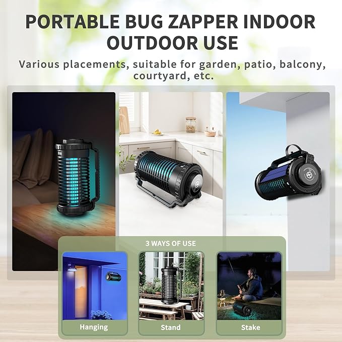 Solar Bug Zapper Indoor Outdoor, 4200V Portable Electric Mosquito Zappers Waterproof, Rechargeable Cordless Insect Fly Zapper with 4000mAh Battery, LED Light for Home, Patio, Backyard, Camping