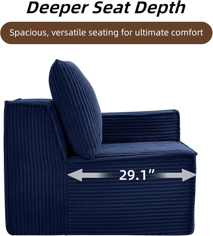 102” Boneless Modular Couch, 3 Seater Cloud Sofa for Living Room, Modern Sectional Sofa with Deep Seat, Comfy Fluffy Loveseat Couch, No Assembly Required,Blue