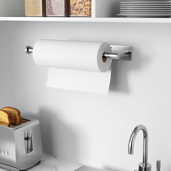 Paper Towel Holder - Self-Adhesive or Drilling, Brushed Nickel, Wall Mounted, SUS304 Stainless Steel Kitchen Roll Dispenser Under Cabinet