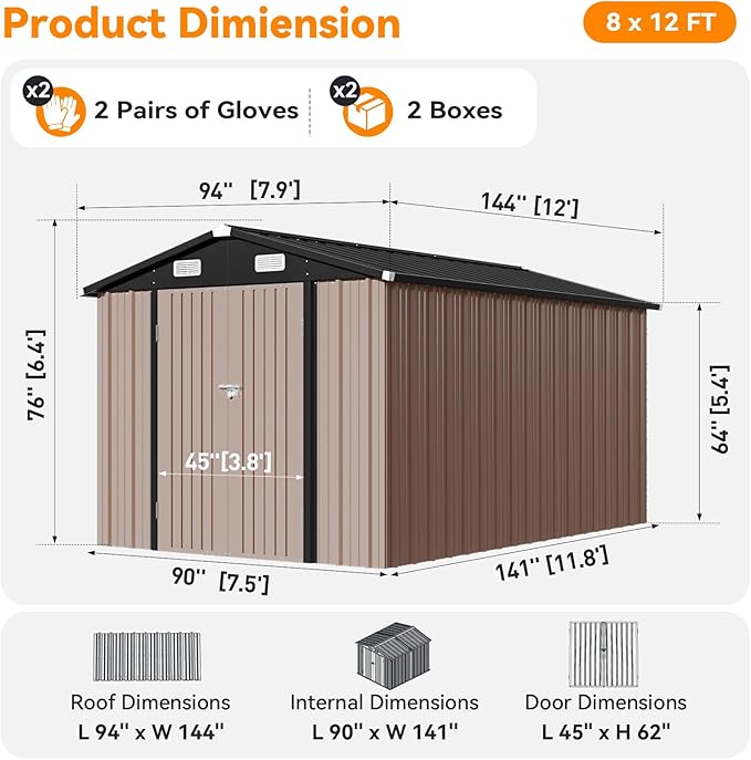 8x12 FT Metal Outdoor Storage Shed, Dual Doors with Lockable Bolts, Large Garden Shed for Yard Tools, Bike, Generator, Waterproof Galvanized Steel Panel with Vent & Sloping Roof(Brown)