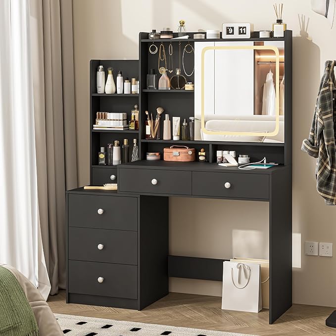 Vabches Makeup Vanity with LED Lights Mirror and Charging Station, Vanity Desk with Multiple Shelves and Drawers, Dressing Desk with 3 LED Light Models for Bedroom, Black