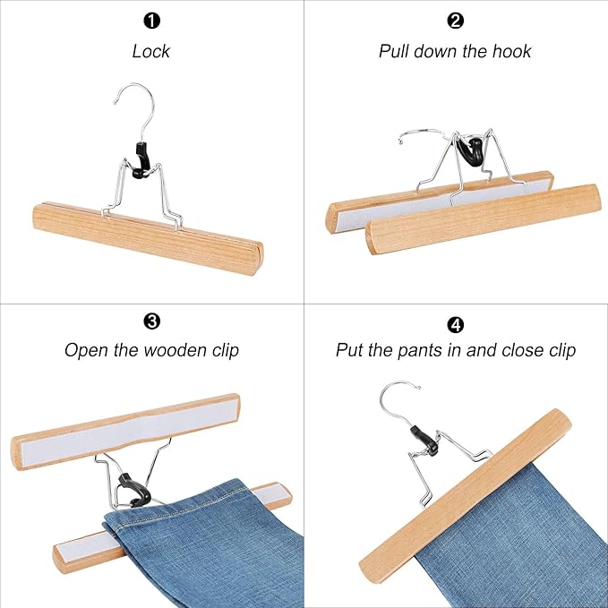 TOPIA HANGER 24 Pack Wooden Pants Hangers, Hair Extension Hangers Non Slip Skirt Hanger Wood Clamp with Velvet Padded 360° Swivel Hook for Jeans, Skirts, Trousers, Wigs Natural CT68N