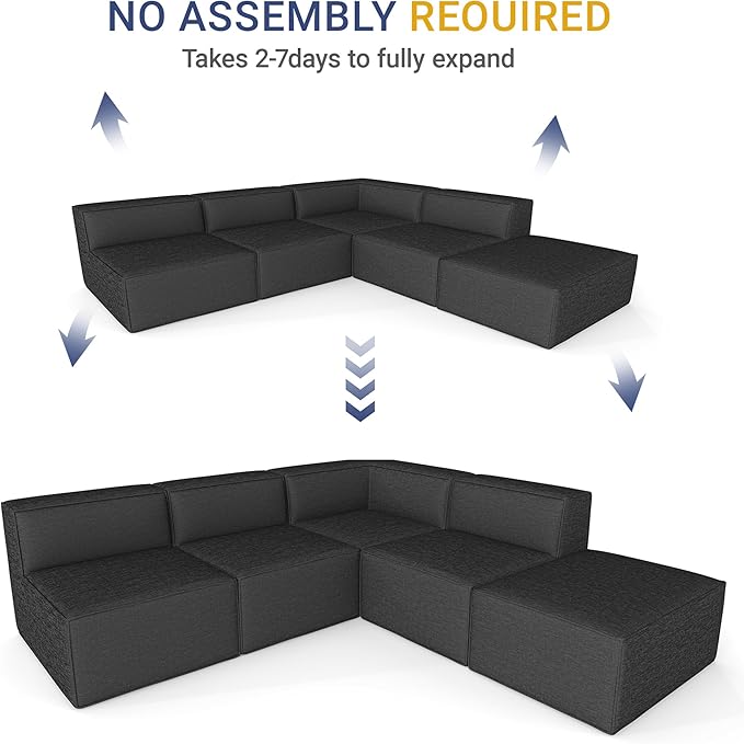 97"+57" 5-Piece Modular Sectional Sofa Convertible Cube Thick Couch 2 3 4 Seat Set, L-Shape, No Assembly for Living Room (3xArmless+1xCorner+1xOttoman) Fabric Chenille Grey