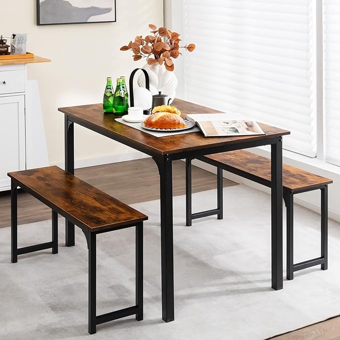 LDAILY Moccha Dining Table Set for 4, Kitchen Table with Benches,43 Inch 3-Piece Wooden Space-Saving Dinette Set with Metal Frame for Kitchen, Dining Room,Small Spaces, Rustic Brown & Black