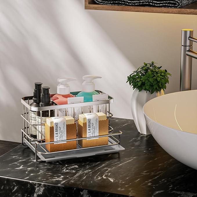 HapiRm Kitchen Sink Organizer, SUS304 Stainless Steel Rustproof Multifunctional Large Sink Caddy with Sponge Holder and Drain Tray for Kitchen Countertop (Silver)