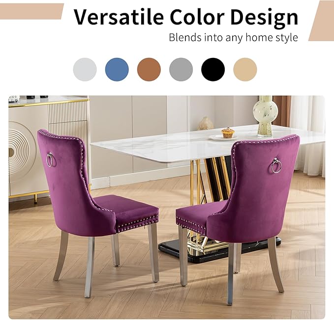 Luxury Upholstered Dining Chairs Set of 2, Purple Kitchen Chair with Silver Metal Legs, Velvet Tufted Back Dining Chair, Sillas de Comedor, Modern Kitchen & Dining Room Chairs (Purple, 2 Pcs)