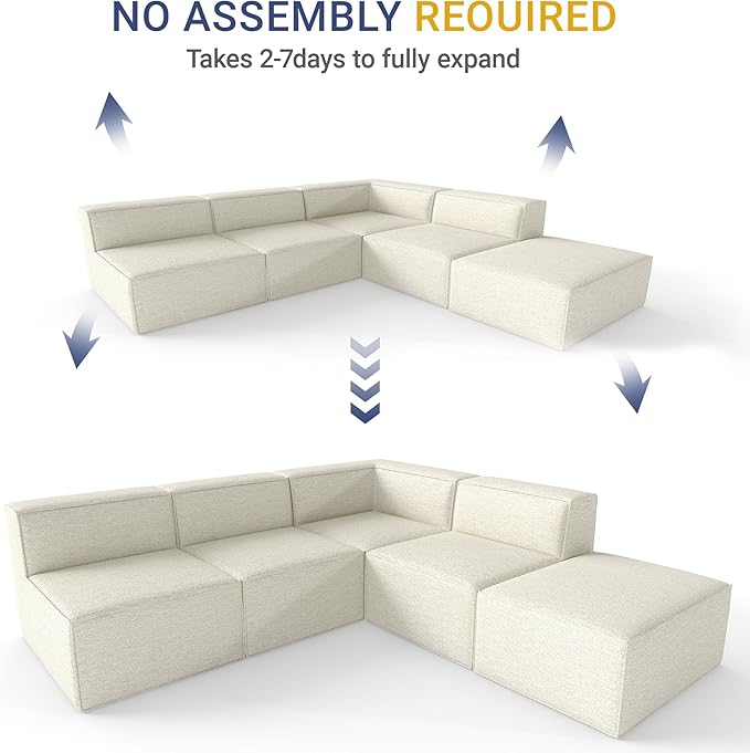 97"+57" 5-Piece Modular Sectional Sofa Convertible Cube Thick Couch 2 3 4 Seat Set, L-Shape, No Assembly for Living Room (3xArmless+1xCorner+1xOttoman) Fabric Chenille Beige White
