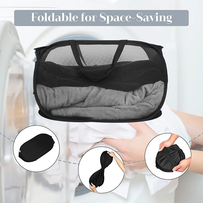 4 Pack Collapsible Laundry Baskets, Foldable Laundry Basket with Pocket, Durable Pop Up Hampers, Reinforced Handles Dirty Clothes Hamper for Laundry, Bedroom, Bathroom, Dorm, Travel or Camping Black