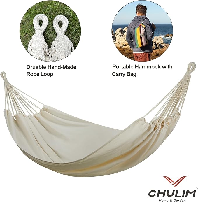 Brazilian Double Hammock with Tree Straps,Extra Large 240x160cm,2 Persons Hammock for Backyard Patio Outdoor and Indoor,450lbs Weight Capacity,Soft Woven Cotton Fabric Natrual White