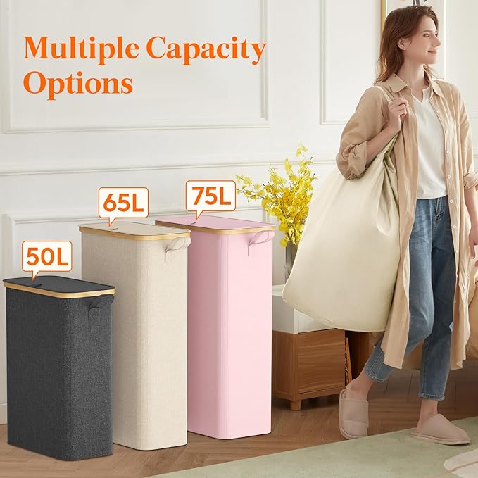 Lifewit 75L Slim Laundry Hamper with Lid, Narrow Laundry Basket with Removable Bag & Bamboo Handles, Fodable Thin Dirty Clothes Hamper for Laundry Collapsible Bin for Bathroom Bedroom Dorm, Gray
