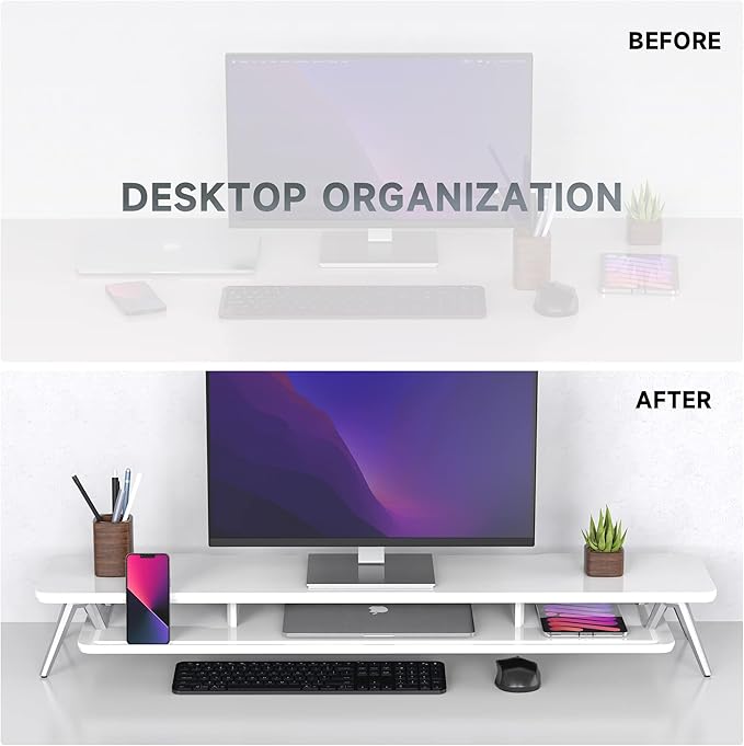 Fenge Dual Monitor Stand, Monitor Stands Riser for 2 monitors, 42.5 Inch Wood Desk Shelf with Storage Organizer and Cable Management for Office Desk Accessories