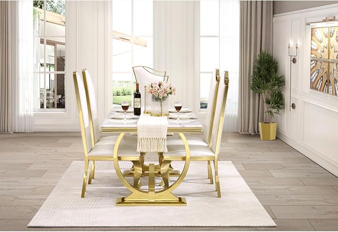 White and Gold Dining Chairs Set of 8, White PU Leather Dining Room Chair with Gold Polished Metal Legs, Glam Upholstered Kitchen Chairs for Dining Room, Kitchen, Living Room