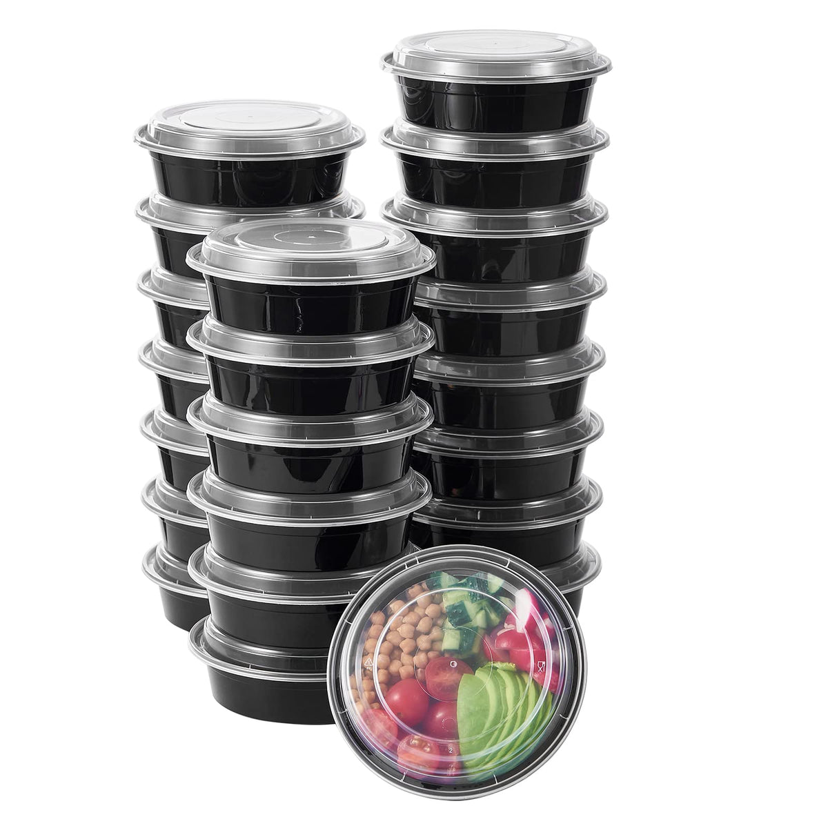 Jaluxing 32 oz 150 ct Round Meal Prep Containers with Lids Plastic Food Storage Lunch Plan To Go Box Disposable Take Out Bowl Black BPA Free Reusable Stackable Microwave Freezer Safe (Formerly FULING)