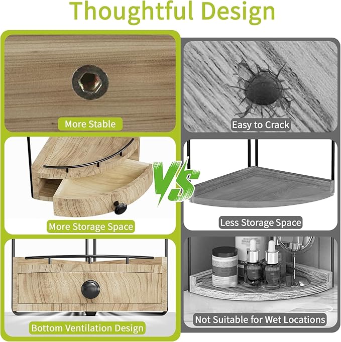 2-Tier Corner Bathroom Counter Organizer with Drawer & Embedded Screw Holes - Wooden Countertop Organizers for Skincare, Makeup Storage, Bathroom Sink Counter Shelf for Vanity, Kitchen