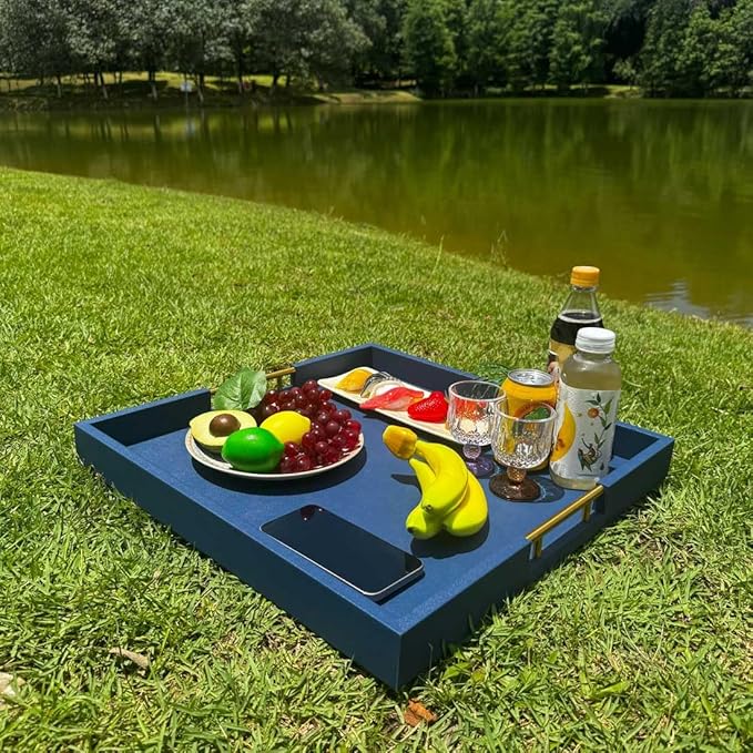 20x20 Inches Extra Large Blue Faux Leather Wrapped Wood Ottoman Tray with Handles for All Occasions, Serving Food Breakfast On Bed, Home Decor Decorative, Living Room,Square Coffee Table Organizer