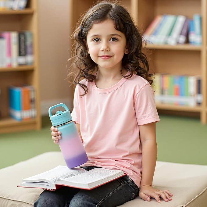 12oz Kids Water Bottle for School, Toddler Bottles with Straws, Stainless Steel Vacuum Insulated Water Bottle for Boys&Girls, Leak-Proof, BPA-Free, Bubble Gum