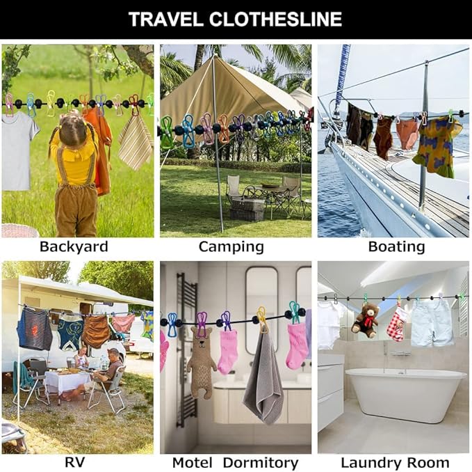 Retractable Travel Clothesline,Portable Clothesline Clothing line with 12 Clothes Clips, for Indoor and Outdoor Laundry Drying line,Outdoor Camping Accessories - with Luminous Buckle (White)