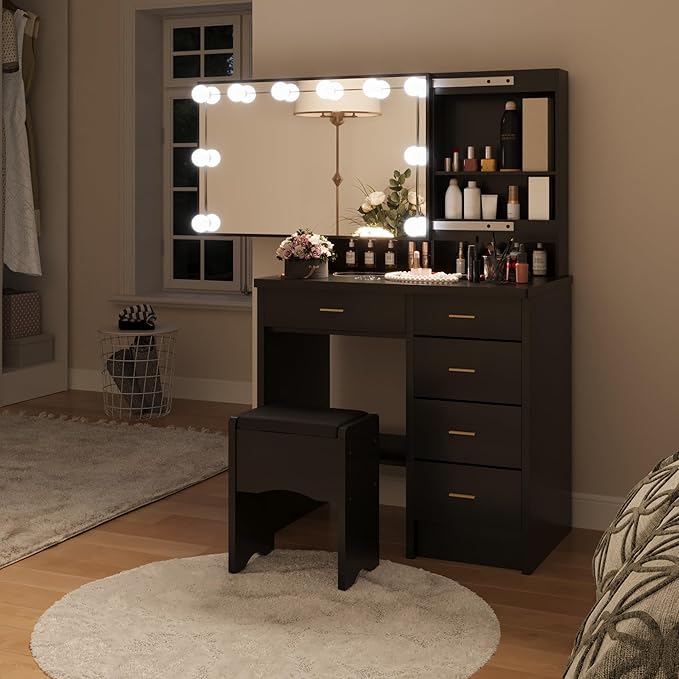 Makeup Vanity Desk with Sliding Mirror and Lights, Vanity Desk with 10 LED Bulbs, 3 Adjustable Light Modes, 5 Drawers & Storage Shelves, Makeup Vanity Set for Bedroom, Black