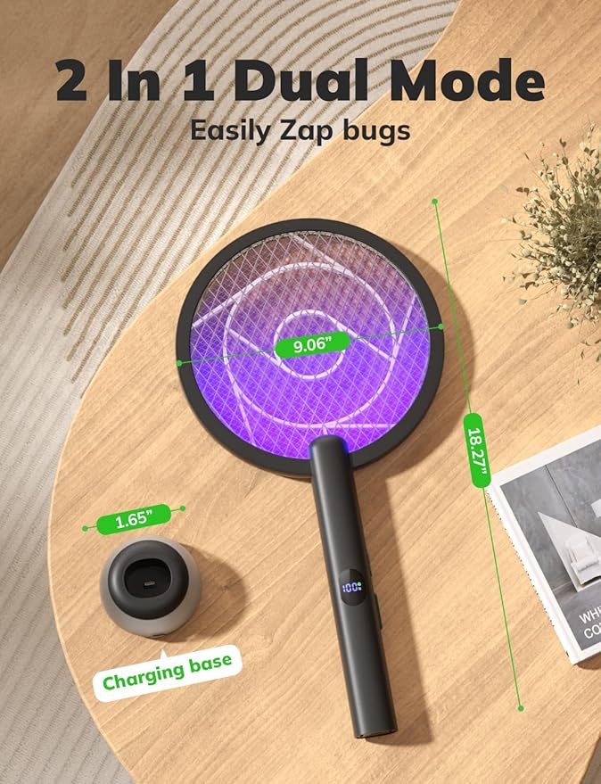YISSVIC Electric Fly Swatter Bug Zapper Racket 4000V LED Screen Dual Modes Fly Zapper Rechargeable for Indoor Home Office Backyard Patio Camping
