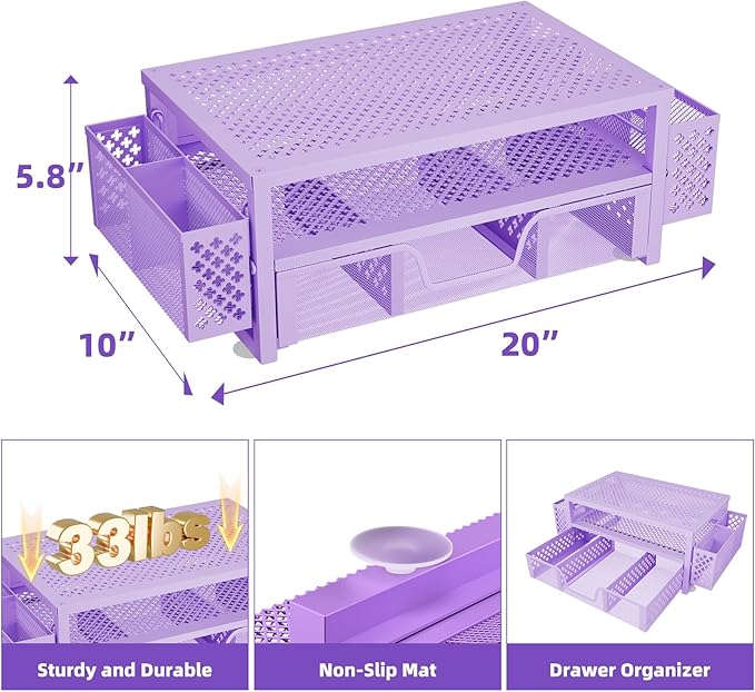 Simple Trending 2 Tier Metal Monitor Stand Monitor riser and Computer Desk Organizer with Drawer and Pen Holder for Laptop, Computer, iMac, Purple