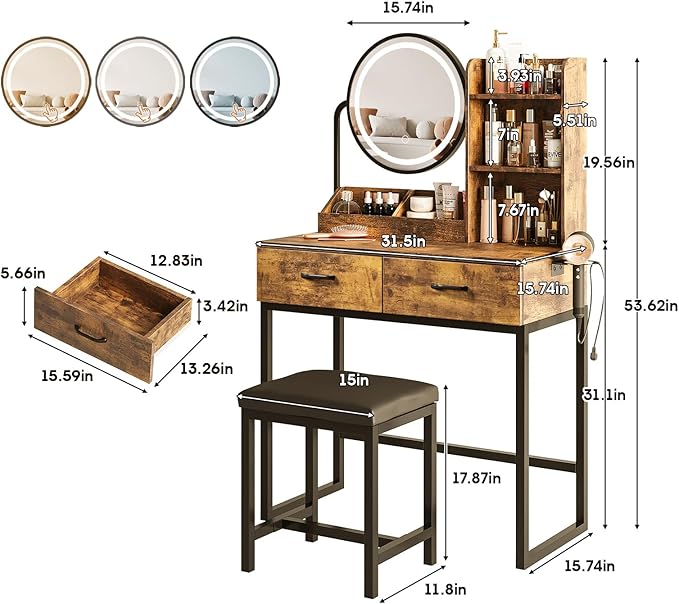 Makeup Vanity Desk with Round Mirror and Lights, White Vanity Makeup Table with 2 Drawers, Small Vanity Table for Bedroom with Lots Storage (Brown and Black, 15.75 * 31.5 * 53.6in)