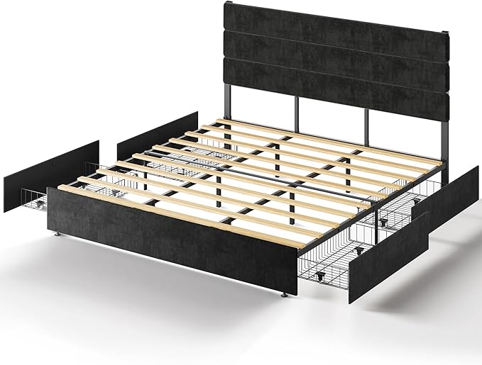 WLIVE King Size Upholstered Bed Frame with 4 Drawers and Velvet Square Tufted Headboard, Sturdy Metal & Wooden Slats Support, No Box Spring Needed, Easy Assembly, Black