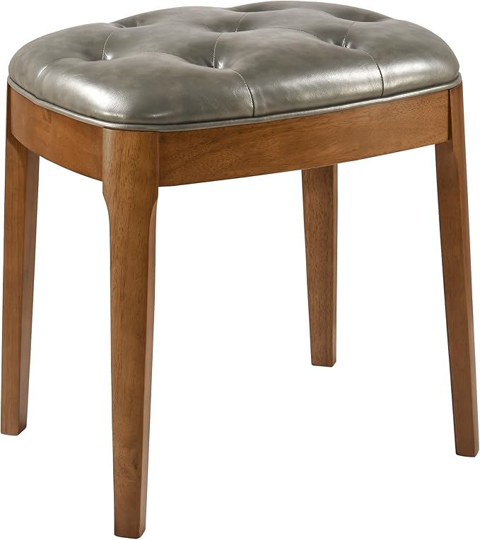 Solid Wood Button Tufted Vanity Stool, Ottoman with Wood Legs & Padded Seat PU Leather Upholstered Piano Bench with Non-Slip Foot Pads Accent Stool for Bedroom Entryway, Grey