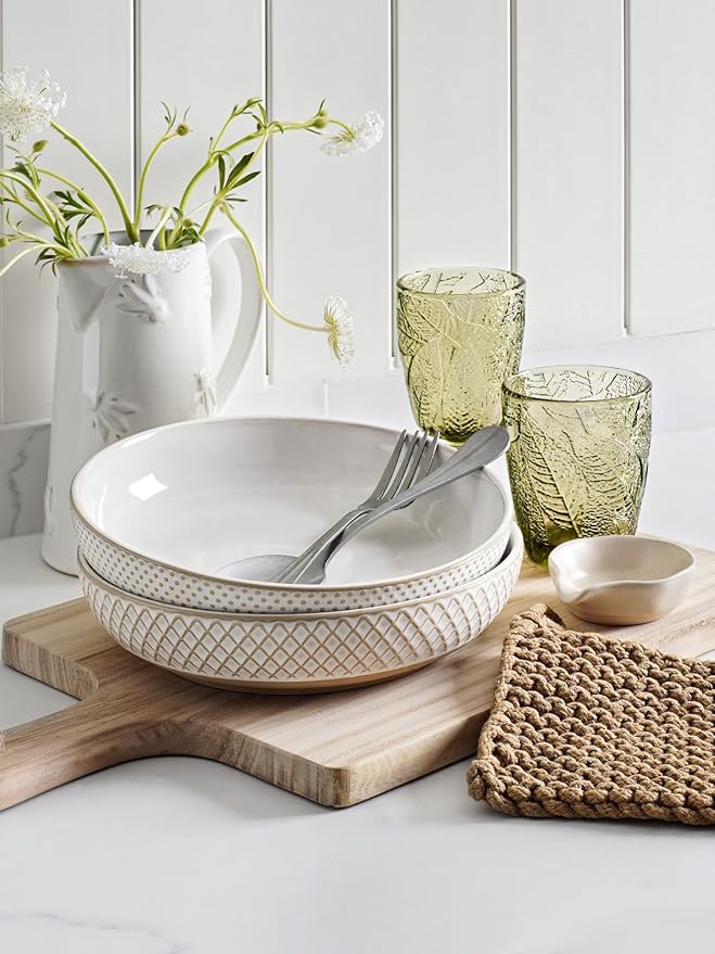 LE TAUCI Pasta Bowls 46oz, Large Salad Bowl, Ceramic Serving Plate, House-warming Wedding Present, Embossment Stoneware Bowl for Fruits, Noodle, Dinner - 9 Inch, Set of 4, Arctic White