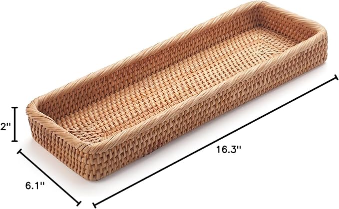 Rattan Bathroom Vanity Trays Toilet Tank Baskets Long Narrow Hand Towel Storage Basket for Storage, Decorative (Natural 16.3 x 6.1 x 2 inch)