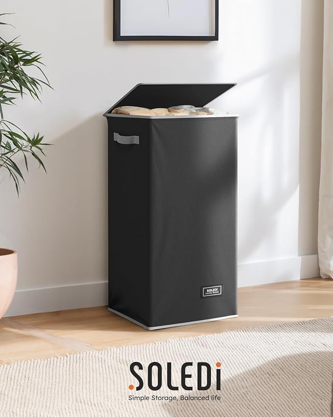 SOLEDI Slim Laundry Hamper with Lid, Narrow Laundry Basket with Removable Bags, Dirty Clothes Hamper with handle, Small Hamper perfect for Laundry room, Bathroom, Bedroom, Small spaces. 70L Black