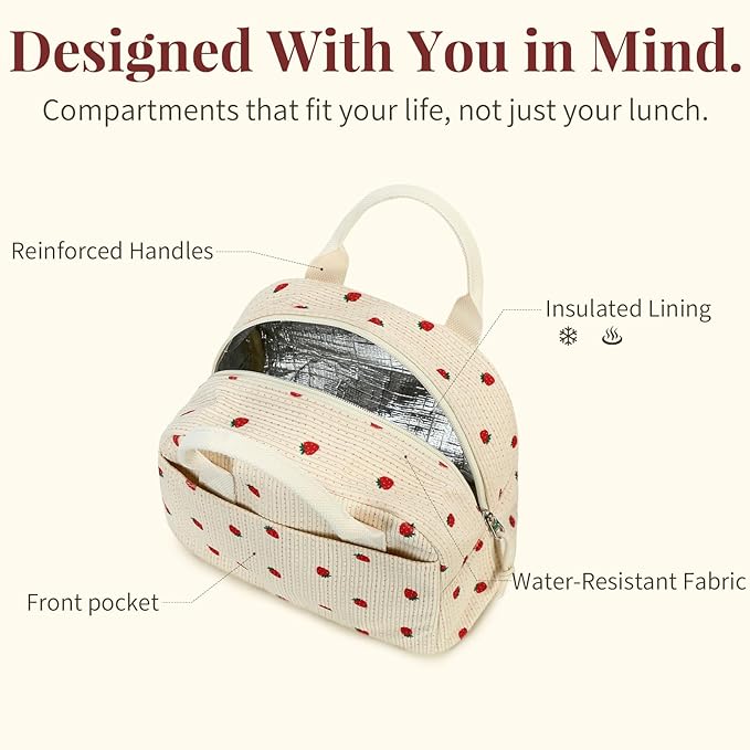 Insulated Brown checkered Lunch Bag for Women, Corduroy Tote with Aluminum Lining, Large Capacity Reusable Cooler for Work, Travel, Beach or Picnic, Checkered Water-Resistant Lunch Box