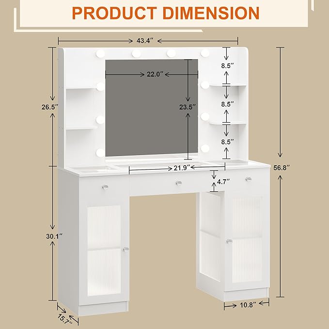 Makeup Vanity with Glass Top, White Vanity Desk with Mirror and Lights, Big Vanity with Drawers & Cabinets for Bedroom, Cute Vanity with Crystal Knobs & Power Outlet for Women, Girls