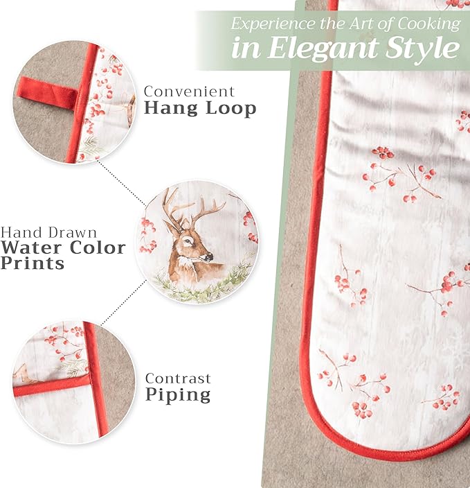 Maison d' Hermine Double Oven Mitt (7" x 35") 100% Cotton Heat Resistant BBQ Cooking Gloves with Loop for Thanksgiving Christmas Decorations Baking Cooking Barbeque Handling Hot Pan (Mountain Life)