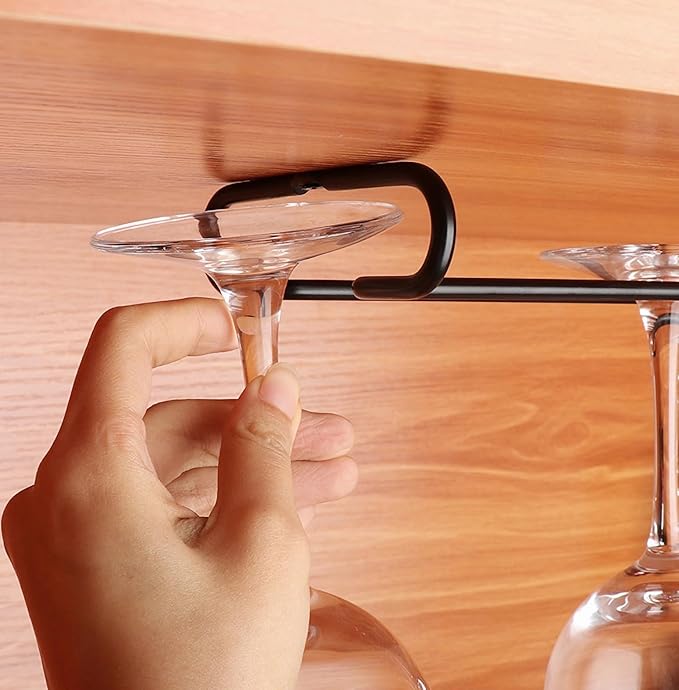GeLive 7 Inch Wine Glass Rack Under Cabinet Stemware Holder Little Glass Hanger Storage Organizer for Short Space Kitchen and Bar Set of 2 (Black)