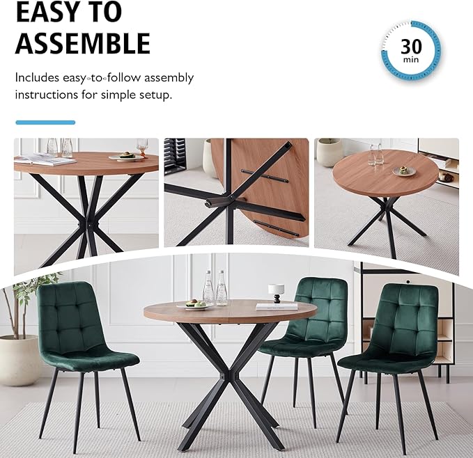 39" Round Dining Table Set for 4, Mid Century Kitchen Table with 4 Green Velvet Upholstered Dining Chairs for Apartment Living Room Space Saving