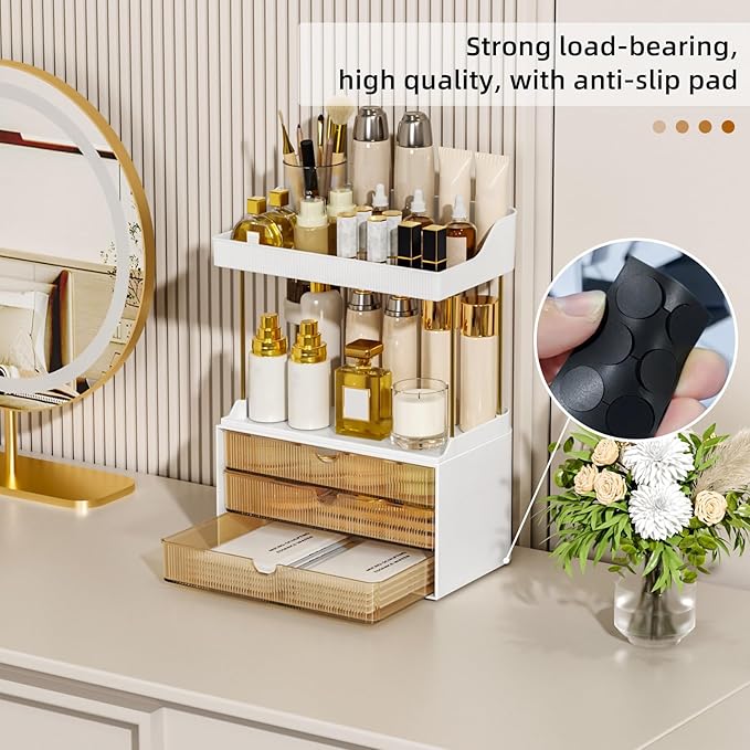 3 Drawers Makeup Organizer - 5 Tier Bathroom Organizers and Storage, Versatile Perfume Vanity Organizer, Ideal for Cosmetic, Large Skincare, Face Mask, Office Supplies, Amber
